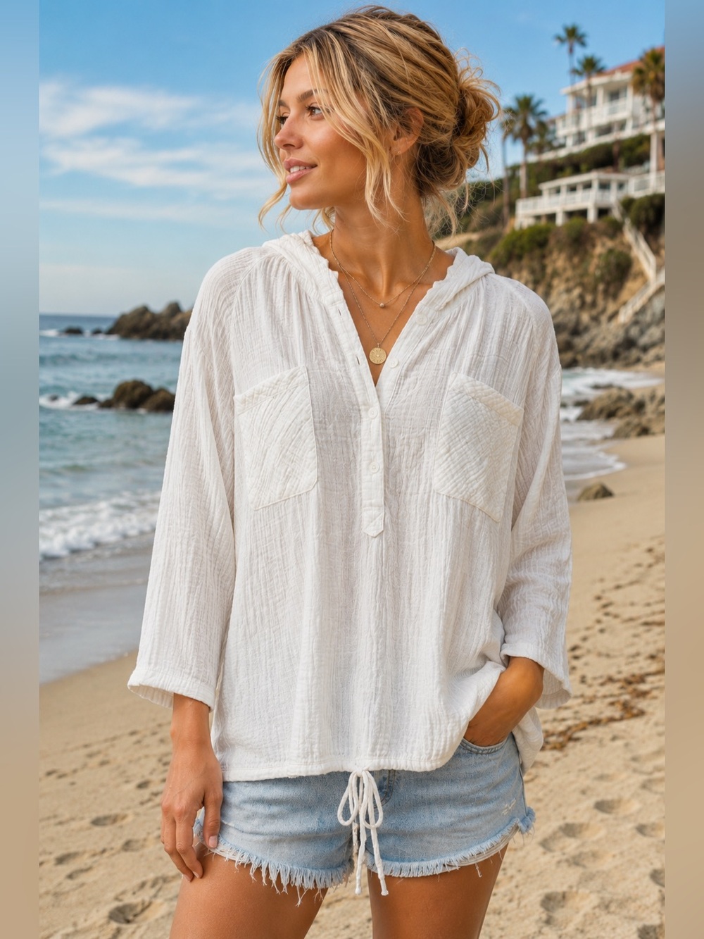 Free People We The Free Gauze Cotton Hooded Henley Tunic Hoodie Small